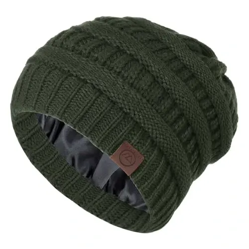 Zando Satin Lined Beanie for Women & Teens, Anti-Frizz Winter Hat | Hair Protection, Slouchy Style, High Elasticity, Chunky Knit & Windproof, Warm & Comfortable for Travel, Daily Wear - 1