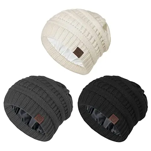 Zando Satin Lined Beanie for Women & Teens, Anti-Frizz Winter Hat | Hair Protection, Slouchy Style, High Elasticity, Chunky Knit & Windproof, Warm & Comfortable for Travel, Daily Wear - 1