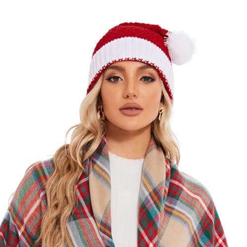 Zando Unisex Noel Şapkası Yetişkinler İçin Noel Beresi Pembe Noël Şapkaları Erkek Kadınlar İçin Örgü Noel Beresi Parti Kış Bayanlar İçin Sarkık Şapka Bayram Noel Kırmızı Noel Şapkası Tek Beden - 3