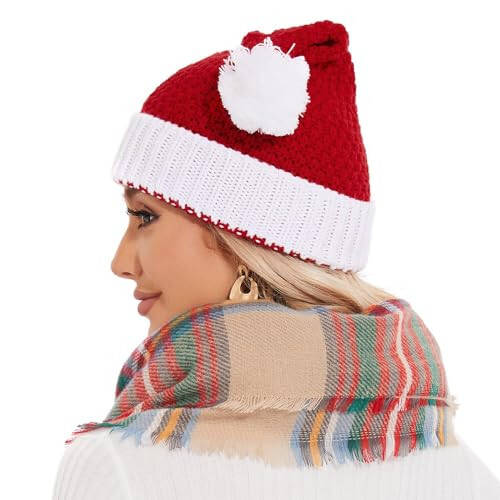 Zando Unisex Santa Hat Adult Christmas Beanie with Pom Christmas Hats for Women Men Knit Santa Beanie Christmas for Party Winter Slouchy Hat for Women Holiday Christmas Red Santa Hat One Size - 4