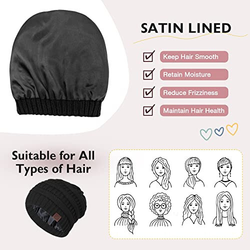 Zando Womens Beanie Hats for Women Men Satin Lined Beanie for Women Warm Winter Hats for Women Unisex Slouchy Beanies for Women Knit Beanie Thick Womens Beanies for Winter Black Yarn Beanie Hat - 2