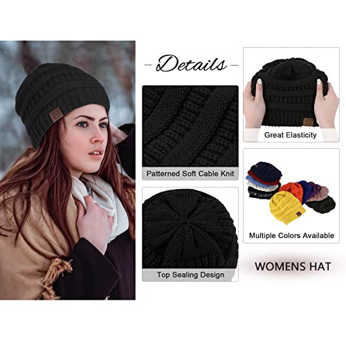 Zando Womens Beanie Hats for Women Men Satin Lined Beanie for Women Warm Winter Hats for Women Unisex Slouchy Beanies for Women Knit Beanie Thick Womens Beanies for Winter Black Yarn Beanie Hat - 3