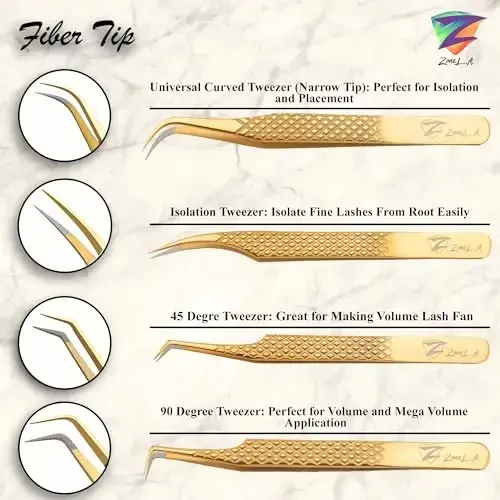 Zane L.A. Nano Fiber Tip Professional Eyelash Extension Tweezers, a pack of 4, Quality tweezers made with Japanese Stainless Steel, includes Stylish Half Moon Mirror. (Gold) - 3