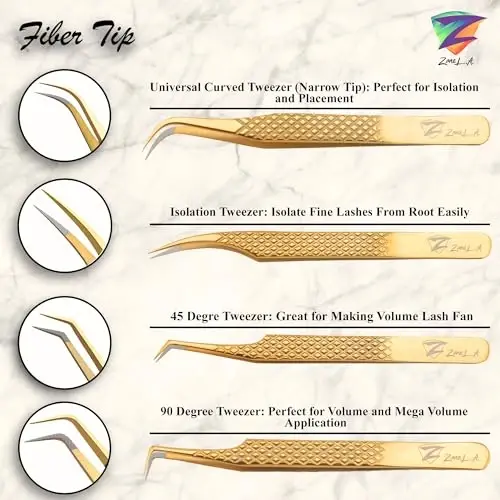 Zane L.A. Nano Fiber Tip Professional Eyelash Extension Tweezers, a pack of 4, Quality tweezers made with Japanese Stainless Steel, includes Stylish Half Moon Mirror. (Gold) - 3