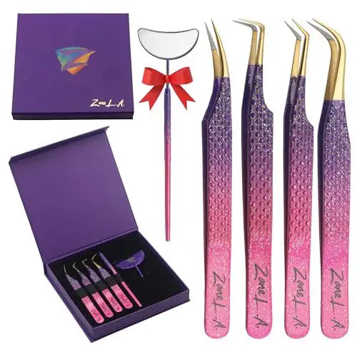 Zane L.A. Nano Fiber Tip Professional Eyelash Extension Tweezers, a pack of 4, Quality tweezers made with Japanese Stainless Steel, includes Stylish Half Moon Mirror. (Multi-Color) - 1