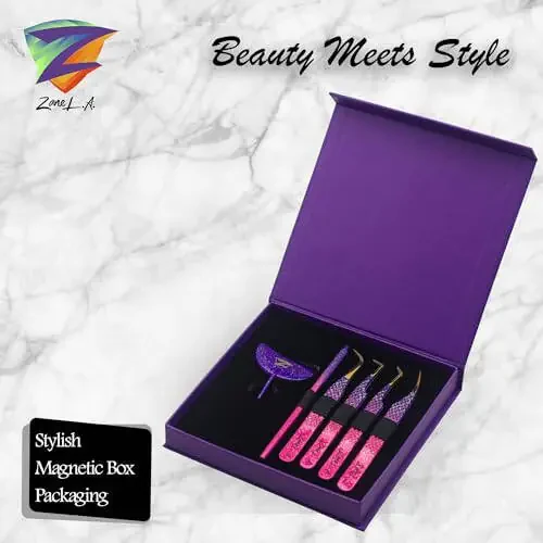 Zane L.A. Nano Fiber Tip Professional Eyelash Extension Tweezers, a pack of 4, Quality tweezers made with Japanese Stainless Steel, includes Stylish Half Moon Mirror. (Multi-Color) - 2