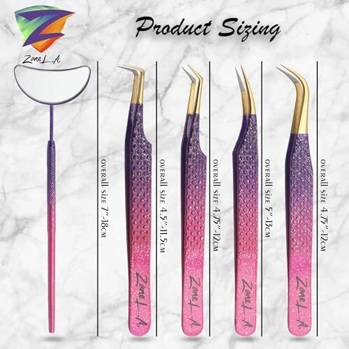 Zane L.A. Nano Fiber Tip Professional Eyelash Extension Tweezers, a pack of 4, Quality tweezers made with Japanese Stainless Steel, includes Stylish Half Moon Mirror. (Multi-Color) - 3
