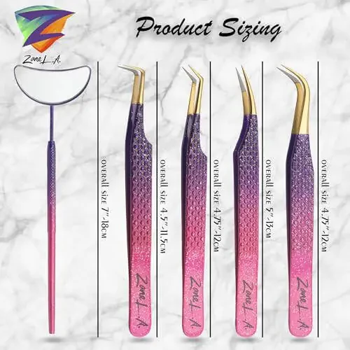 Zane L.A. Nano Fiber Tip Professional Eyelash Extension Tweezers, a pack of 4, Quality tweezers made with Japanese Stainless Steel, includes Stylish Half Moon Mirror. (Multi-Color) - 3