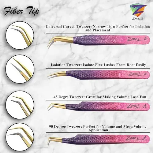 Zane L.A. Nano Fiber Tip Professional Eyelash Extension Tweezers, a pack of 4, Quality tweezers made with Japanese Stainless Steel, includes Stylish Half Moon Mirror. (Multi-Color) - 4