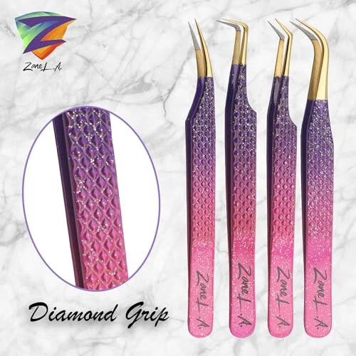 Zane L.A. Nano Fiber Tip Professional Eyelash Extension Tweezers, a pack of 4, Quality tweezers made with Japanese Stainless Steel, includes Stylish Half Moon Mirror. (Multi-Color) - 5