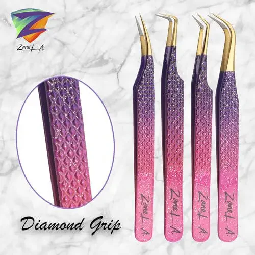 Zane L.A. Nano Fiber Tip Professional Eyelash Extension Tweezers, a pack of 4, Quality tweezers made with Japanese Stainless Steel, includes Stylish Half Moon Mirror. (Multi-Color) - 5