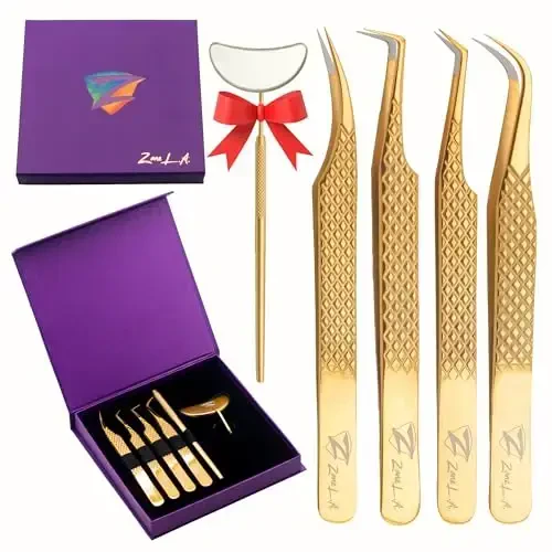 Zane L.A. Nano Fiber Tip Professional Eyelash Extension Tweezers, a pack of 4, Quality tweezers made with Japanese Stainless Steel, includes Stylish Half Moon Mirror. (Gold) - ZANE L.A.