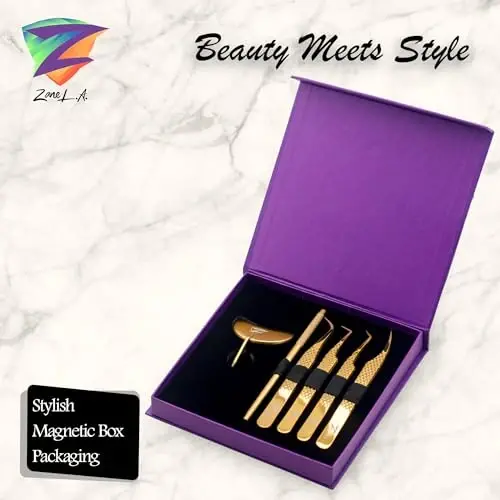 Zane L.A. Nano Fiber Tip Professional Eyelash Extension Tweezers, a pack of 4, Quality tweezers made with Japanese Stainless Steel, includes Stylish Half Moon Mirror. (Gold) - 2
