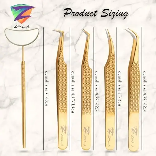 Zane L.A. Nano Fiber Tip Professional Eyelash Extension Tweezers, a pack of 4, Quality tweezers made with Japanese Stainless Steel, includes Stylish Half Moon Mirror. (Gold) - 4