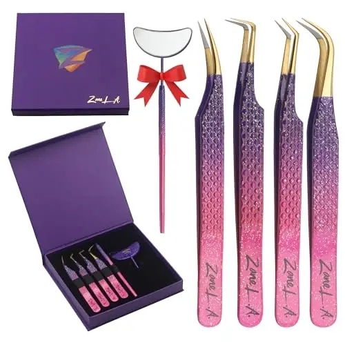 Zane L.A. Nano Fiber Tip Professional Eyelash Extension Tweezers, a pack of 4, Quality tweezers made with Japanese Stainless Steel, includes Stylish Half Moon Mirror. (Multi-Color) - 1