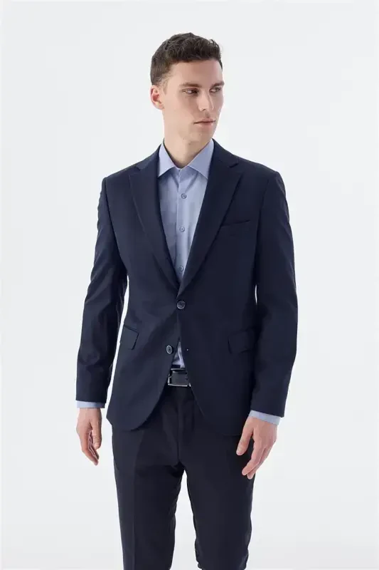 Занги кўк Slim Fit моно ёқа икки ёрилиш пиджак - 2