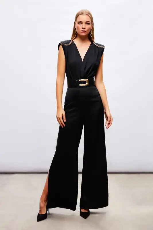 Zanjirli aksessuarli atlasli body kostyum ko'ylak - QORA - 3