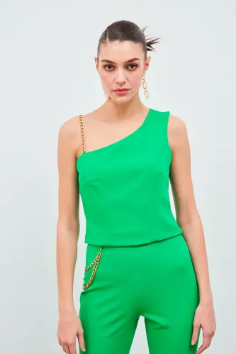 Zanjirli Bretel Detaylı Qisqa Bluzka - Yashil 