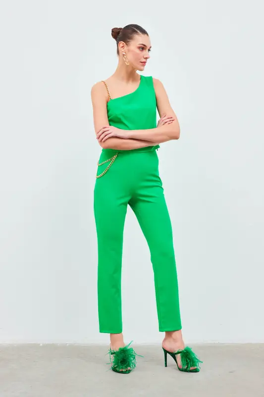 Zanjirli Bretel Detaylı Qisqa Bluzka - Yashil - 3