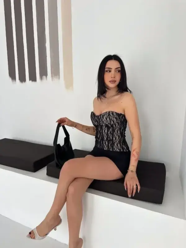 Zanjirli dantel korset, strapless bustier, shaffof zamonaviy top - bej rangda - 3