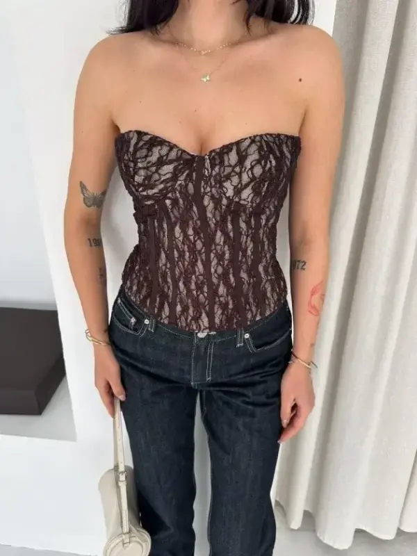Zanjirli dantelli korset, stropless bustye, shaffof nafis top – Jigarrang - BÜYÜKBEDENIZ