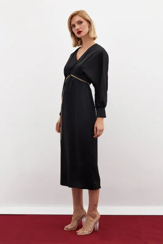 Zanjirli kamarli atlas ko'ylak - Qora-QORA - 4