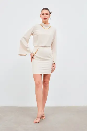 Zanjirli Mini Yubka - Bej - SATEEN (1)