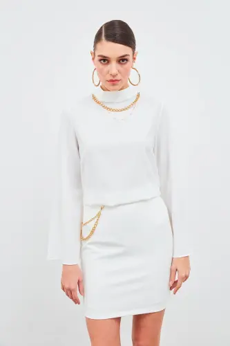 Zanjirli Mini Yubka - Ekru - SATEEN (1)