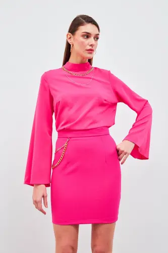 Zanjirli Mini Yubka - Fuchsiya - SATEEN (1)