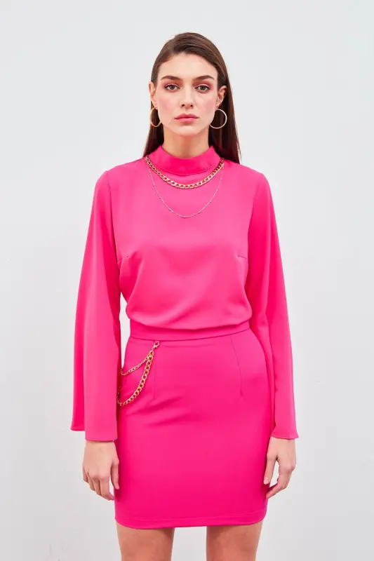 Zanjirli Mini Yubka - Fuchsiya - 4