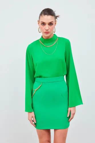 Zanjirli Mini Yubka - Yashil - SATEEN (1)