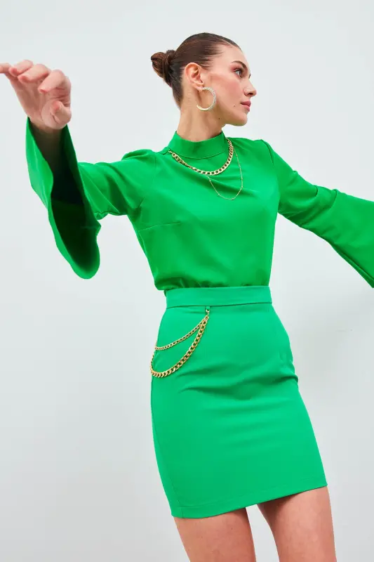 Zanjirli Mini Yubka - Yashil - 3