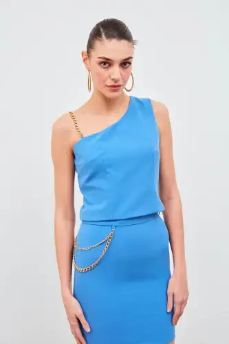 Zanjirli Yelka Detaylı Qisqa Bluzka - Ko'k - 1