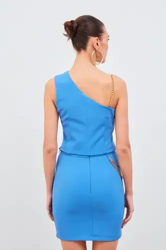 Zanjirli Yelka Detaylı Qisqa Bluzka - Ko'k - 5