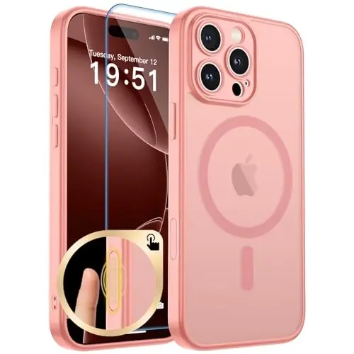 zapica Чехол Magnetic для iPhone 16 Pro Max, Улучшенный [Кнопка управления камерой] [Полная защита камеры] [с 1 защитным стеклом] Полупрозрачный матовый противоударный защитный чехол для телефона, оранжево-розовый 