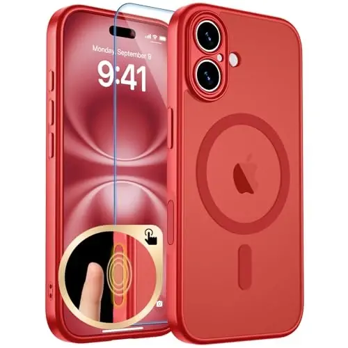 zapica Чехол с магнитом для iPhone 16, усовершенствованный [Кнопка управления камерой] [Полная защита камеры] [с 1 защитным стеклом] Полупрозрачный матовый противоударный защитный чехол, ярко-красный 