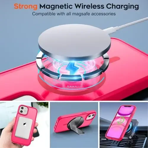 zapica iPhone 11 uchun magnitli telefon qutisi, [MagSafe bilan mos] [Harbiy darajadagi tushishdan himoya] yarim shaffof mat zarbga chidamli tirnalishga qarshi telefon qutisi, toʻq pushti - 4