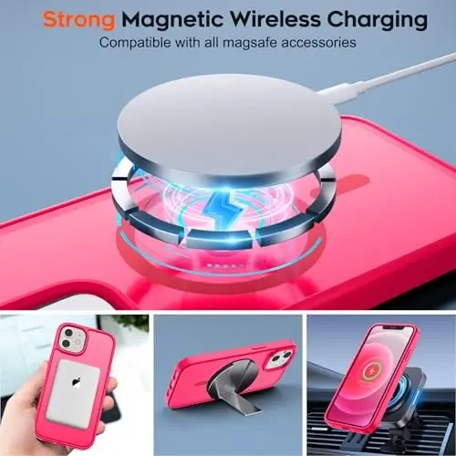 zapica iPhone 12 Case & iPhone 12 Pro Case uchun magnitli g'ilof, [MagSafe bilan mos] [Harbiy darajadagi tushishdan himoya] Yarim shaffof matli zarbga chidamli tirnalishga qarshi telefon qopqog'i, To'q pushti - 4