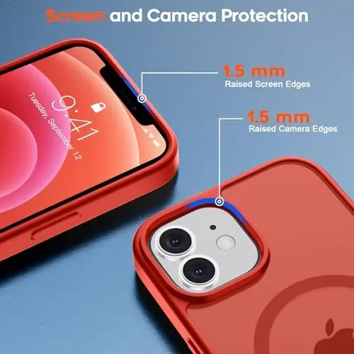 zapica iPhone 12 va iPhone 12 Pro uchun magnitli g'ilof, [MagSafe bilan mos] [Harbiy darajadagi tushishdan himoya] Yarim shaffof mato zarbga chidamli tirnalishga qarshi telefon qopqog'i, qizil - 6