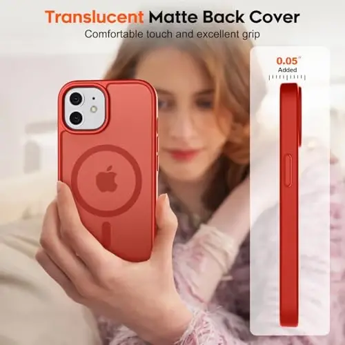 zapica iPhone 12 va iPhone 12 Pro uchun magnitli g'ilof, [MagSafe bilan mos] [Harbiy darajadagi tushishdan himoya] Yarim shaffof mato zarbga chidamli tirnalishga qarshi telefon qopqog'i, qizil - 7