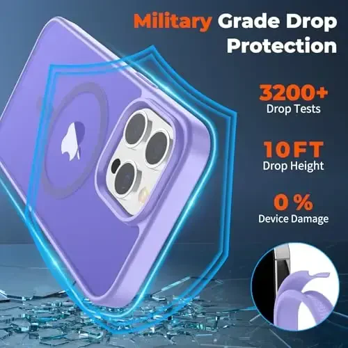zapica iPhone 13 Pro Max uchun magnitli g‘ilof, [MagSafe bilan mos] [Harbiy darajadagi tushishdan himoya] Yarim shaffof mat zarbga chidamli tirnalishga qarshi telefon g‘ilofi, och binafsha - 6