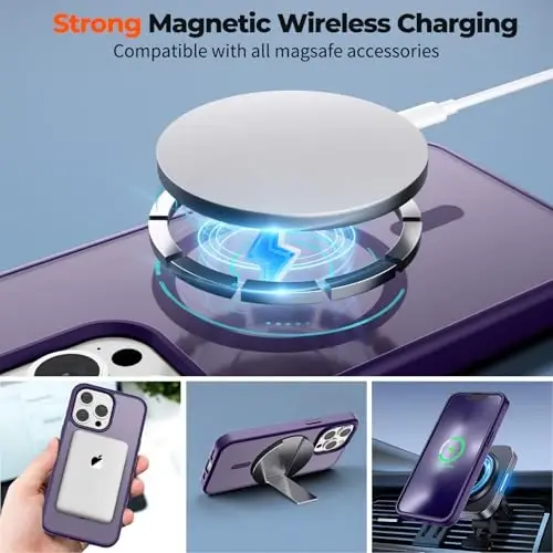 zapica iPhone 13 Pro uchun Magnetic Case, [MagSafe bilan mos] [Harbiy darajadagi tushishdan himoya] Yarim shaffof mat zarbga chidamli tirnalishga qarshi telefon g‘ilofi, to‘q binafsha - 4