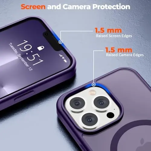 zapica iPhone 13 Pro uchun Magnetic Case, [MagSafe bilan mos] [Harbiy darajadagi tushishdan himoya] Yarim shaffof mat zarbga chidamli tirnalishga qarshi telefon g‘ilofi, to‘q binafsha - 6