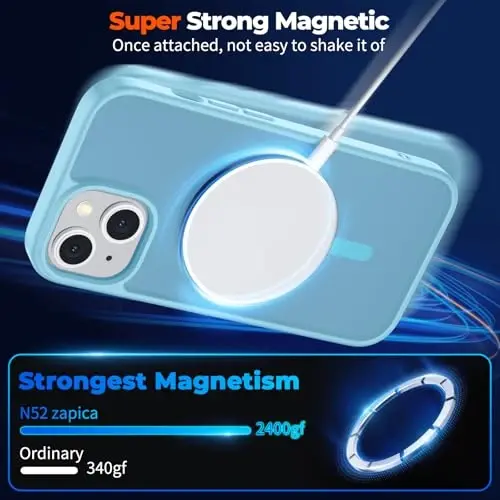 zapica Magnetic for iPhone 13 Case & iPhone 14 Case, [Compatible with MagSafe] [Military Grade Drop Protection] Translucent Matte Shockproof Anti-Scratch Phone Cover, Light Blue - 4