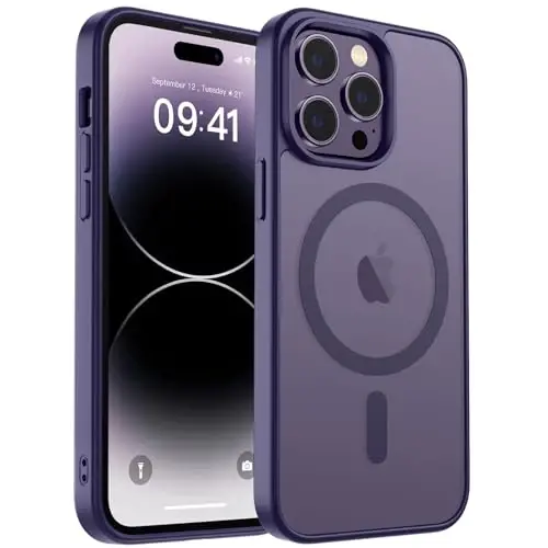 zapica iPhone 14 Pro Max uchun magnitli g'ilof, [MagSafe bilan mos] [Harbiy darajadagi tushishdan himoya] Yarim shaffof mat zarbga chidamli tirnalishga qarshi telefon g'ilofi, to'q binafsha 