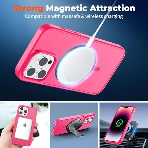 zapica iPhone 14 Pro Max uchun magnitli g‘ilof, [MagSafe bilan mos] [Harbiy darajadagi tushishdan himoya] yarim shaffof mato zarbga chidamli tirnalishga qarshi telefon g‘ilofi, Hot Pink - 2