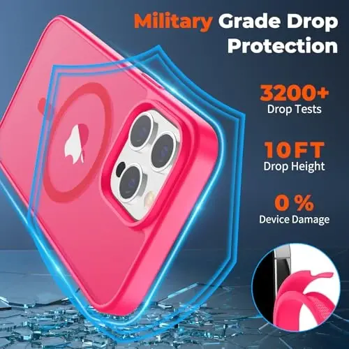 zapica iPhone 14 Pro Max uchun magnitli g‘ilof, [MagSafe bilan mos] [Harbiy darajadagi tushishdan himoya] yarim shaffof mato zarbga chidamli tirnalishga qarshi telefon g‘ilofi, Hot Pink - 6