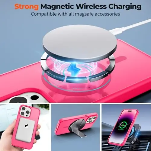 zapica iPhone 14 Pro uchun magnitli g'ilof, [MagSafe bilan mos] [Harbiy darajadagi tushishdan himoya] Yarim shaffof mato zarbga chidamli tirnalishga qarshi telefon g'ilofi, To'q pushti - 4