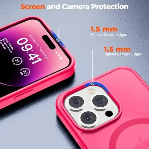 zapica iPhone 14 Pro uchun magnitli g'ilof, [MagSafe bilan mos] [Harbiy darajadagi tushishdan himoya] Yarim shaffof mato zarbga chidamli tirnalishga qarshi telefon g'ilofi, To'q pushti - 6