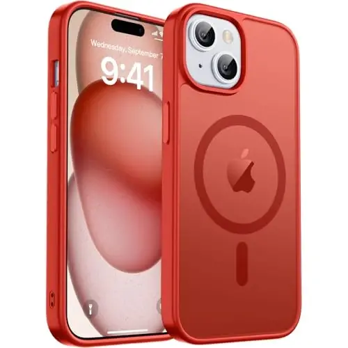 zapica iPhone 15 Plus va iPhone 14 Plus uchun magnitli g‘ilof, [MagSafe bilan mos] [Harbiy darajadagi tushishdan himoya] Yarim shaffof mato zarbga chidamli tirnalishga qarshi telefon qopqog‘i, qizil 